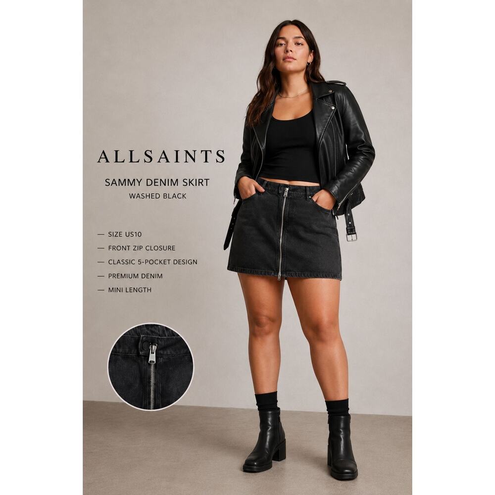 AllSaints Sammy Coated Denim Mini Skirt Women's Black Zip Front Classic - 10